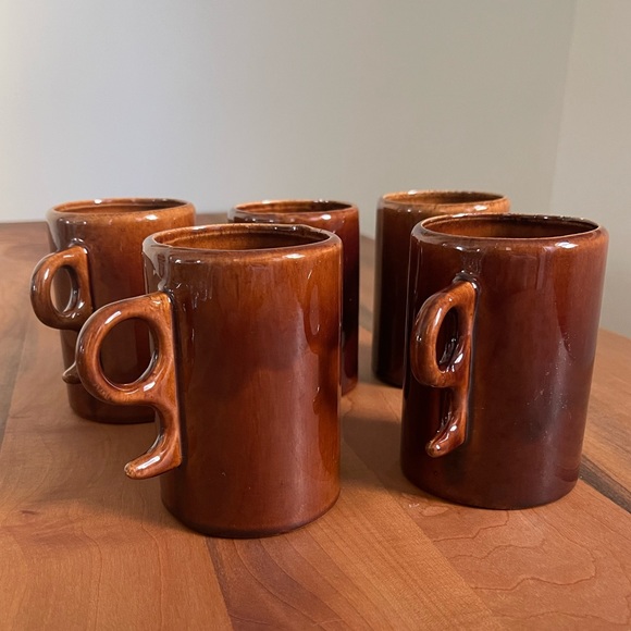 Five Vintage Brown Glaze Ceramic Mugs with Cool “Pistol” Handles - Picture 1 of 7